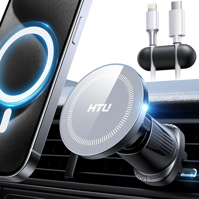 HTU [2026 True Military-Grade Magnetic Car Mount Vent [Upgraded Strongest Magnet & Metal Hook] for MagSafe Phone Holder Car for iPhone 17 16 15 14 13【Patent & Safety Cert】, Non-Charging, Misty Gray