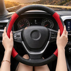Black and Red Line Punching Car Steering Wheel Cover, Microfiber Leather Sports, 14.5-15 in Universal Leather Wheel Covers, Breathable Fashion Anti-Slip, Steering Wheels Accessories for Men Women