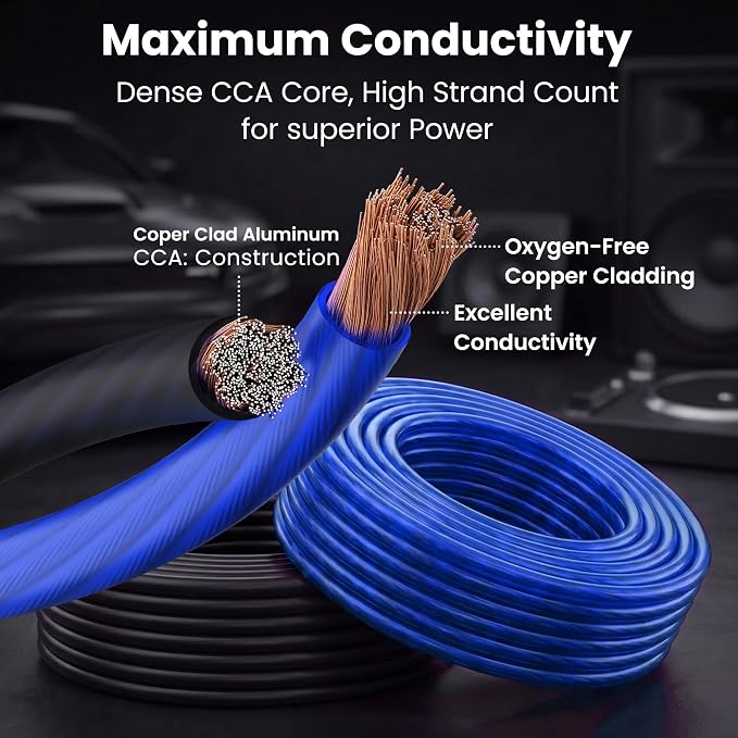 4 Gauge Wire (50ft Each - Black/Blue Translucent) Copper Clad Aluminum CCA - Primary Automotive Wire Power/Ground, Battery Cable, Car Audio Speaker, RV Trailer, Amp, Electrical 4ga AWG 50 Feet