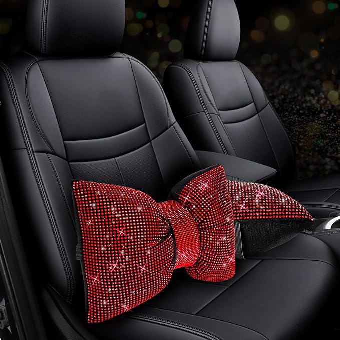 4 PCS Bling Car Pillows,Rhinestones Bowknot Car Headrest Pillow,Car Neck Pillow for Driver Relax Necksupport,Sleeping Travel Support Neck Pillow,Shiny Diamond Interior Accessories for Women,Red