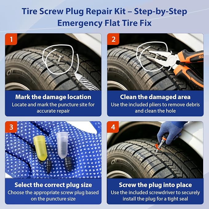 Tire Screw Plug Repair Kit, No Tire Removal Required, Sidewall Repair Tool Set with Portable Storage Box, Quick Flat Tire Fix for Cars, Trucks, Motorcycles, SUVs