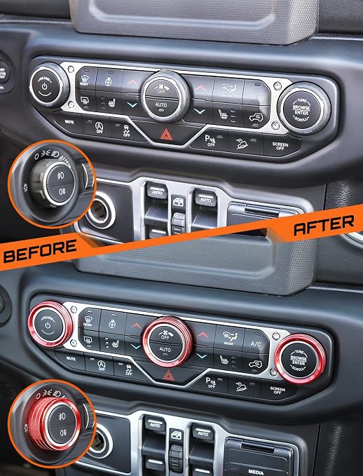 Climate Control Panel Knob Trim Kit & Light Control Switch Cover, Air Conditioner Knob Aluminum Alloy Ring for 2018-2024 Jeep Wrangler JL JLU & Gladiator JT, Interior Accessories, Red