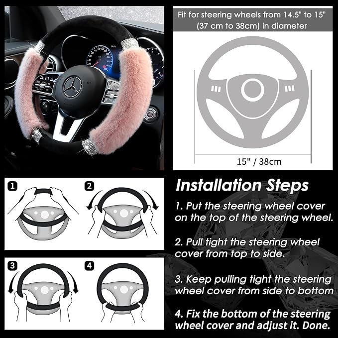 Rhinestone Fluffy Steering Wheel Cover - Comfortable Non-Slip Luxury Faux Wool, Universal Fit for 14.5" to 15" Steering Wheels