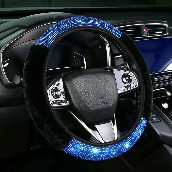 Bling Steering Wheel Cover Fluffy Rhinestone for Women Girls | Blue Diamond Elastic Car Steering Wheel Accessories Sparkling Fur Steering Wheel Protector Winter Warm Universal Fit 14"-15"