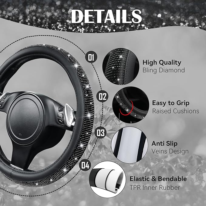 Bling Diamond Leather Steering Wheel Cover, With Sparkly Crystal Glitter Rhinestones Universal Fit 14"1/2-15" Car Wheel Protector for Women Girl Fit Suvs,Vans,Sedans,Car,Trucks, Black Diamond