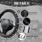 Bling Diamond Leather Car Seat Covers 11 PCS, Sparkly Rhinestone Steering Wheel Cover Glitter Cute Interior Car Accessories Sets Seat Belt Cushion Cup Holder Coaster Women Girl, Black Diamond