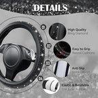 Bling Black Diamond Leather Steering Wheel Cover, with Sparkly Crystal Glitter Rhinestone Universal Fit 15" 1/2-16" Large Size Car Wheel Protector for Women Girl Fit Car,SUV,Van,Sedan, Black