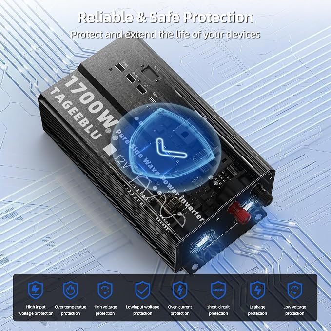 1700W Pure Sine Wave Power Inverter 12V DC to 110V 120V AC for Solar, Truck | Inverter for Car with 4 AC Outlets & 4 USB (30W QC & PD), LCD Display, 3400W Peak, Car Converter for RV Home Off-Grid Camping