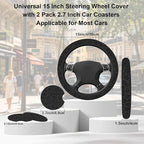 Black Leopard Steering Wheel Cover with 2 PCS Cup Coasters for Car,Black Cheetah Print 15 Inch Non-Slip Neoprene Steering Wheel Covers,Breathable Car Accessories Fit for Men Women