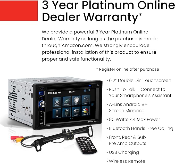 Elite BV755BLC Car Stereo System - 6.2 Inch Double Din Touchscreen, Bluetooth Audio & Calling Head Unit, Radio Receiver, CD Player, USB, SD, Backup Camera, Hook Up To Amplifier