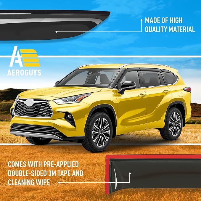 Extra Durable Window Deflectors Tape-On Window Visors Rain Guards Fit for Toyota Highlander 2020-2026, Sun Visors, Wind Vent for Shades, Exterior Car Accessories - 6pcs. AG0739