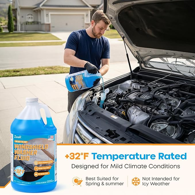 Windshield Washer Fluid, Ready to Use, +32°F Formula for Streak-Free Automotive Glass, Bug Splatter & Road Grime | Made in USA | 128 fl oz (1 Gallon)