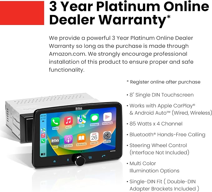 BCPA8 Single DIN Car Stereo Wireless Apple CarPlay, Android Auto, 8 Inch Touchscreen, Bluetooth, AM/FM Radio Receiver
