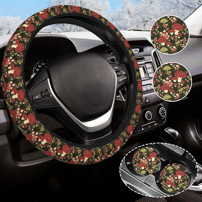 Mushroom Steering Wheel Cover Anti-Slip and Practical 14.5-15 Inch Universal Steering Wheel Cover with 2 Pieces Car Coasters Suitable for Men Women