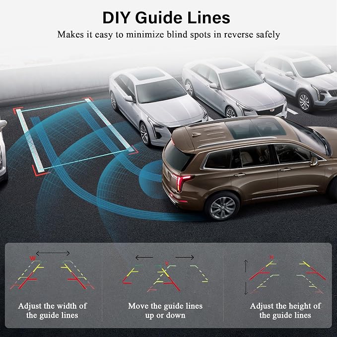 Backup Camera 7-Inch Monitor Truck: 2K USB Plug-Play Easy Set up No Glare-Led Lights Car Rear View Camera Clear Night Vision Reverse Camera DIY Parking Line - A23