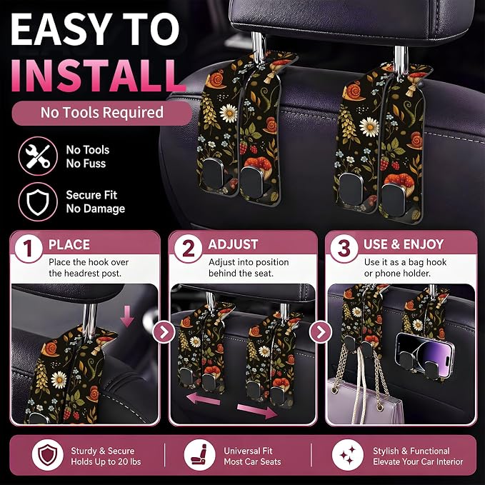 Car Seat Back Storage Hook, Funny Car Purse Hook, Cute Vehicle Storage Organizer for Purses Handbags Dark Floral Mushroom