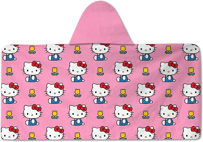 Kitty Printed Soft Cotton Terry Hooded Towel Wrap, Portable Hooded Towel for Bath Pool Beach Daily Use, 28 in x 55 in