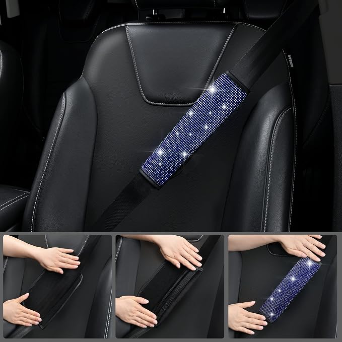 11 PCS Bling Diamond Car Accessories for Women, Sparkly Rhinestone Steering Wheel Cover, Bling Seat Belt Cushion, Glitter Shift Knob Cover, Car Cup Holder Coaster, Cute Interior Sets Blue