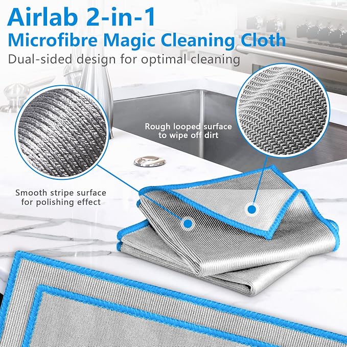 Airlab Glass Polishing Cloth Streak Free Miracle Cleaning Cloth Lint Free Microfiber Cleaning Rags for Glasses Kitchen Dish Mirrors Easy Clean, Pack of 6, 12" x 12", Sliver-Blue