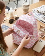 Preppy Checkered Clear Travel Makeup Brush Holder,Pink and Beige Checkered Makeup Brush Toiletry Bag, Portable Cosmetic Brush Case,Transparent Waterproof Makeup Brush Storage Bag