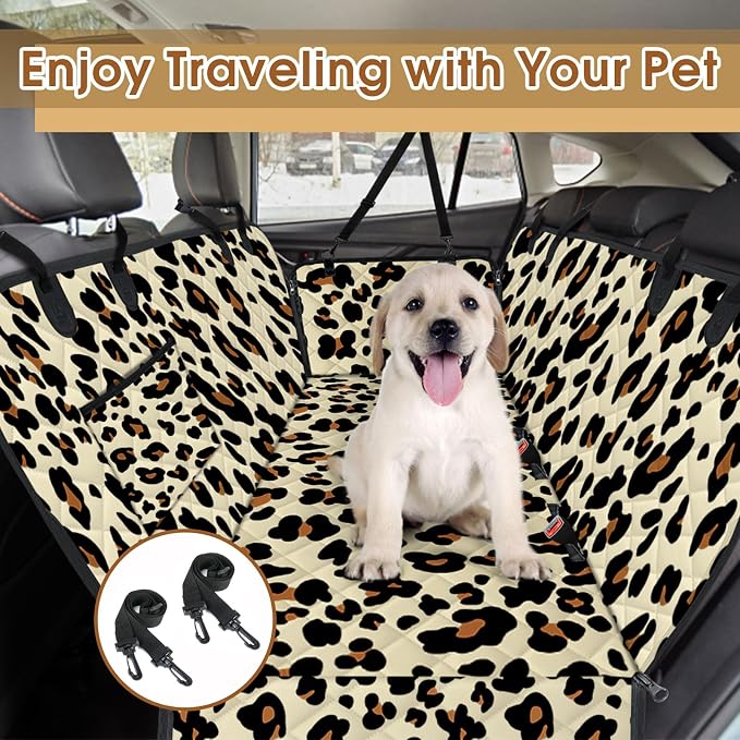 Waterproof Dog Car Seat Cover for Back Seat, Pet Hammock- S, Leopard/Black | Durable waterproof hammock with nonslip design & storage pockets. Protects seats from scratches, fits cars, SUVs & trucks.