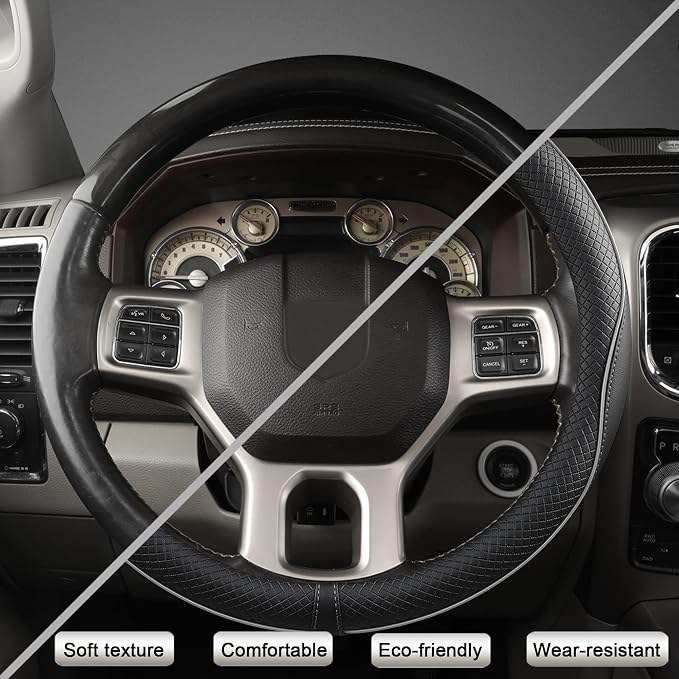 Customized Auto Car Steering Wheel Cover for Dodge RAM 1500 2500 3500, 15.5-16 inch (Black+Gray Line-Large Size)