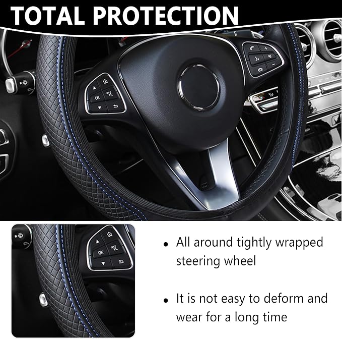 Leather Steering Wheel Cover,Anti Slip Car Steering Wheel Cover for Car Decorations & Steering Wheel Protections,Universal 15Inch Wheel Cover Car Interior Accessories for Men & Women (Black+Blue)