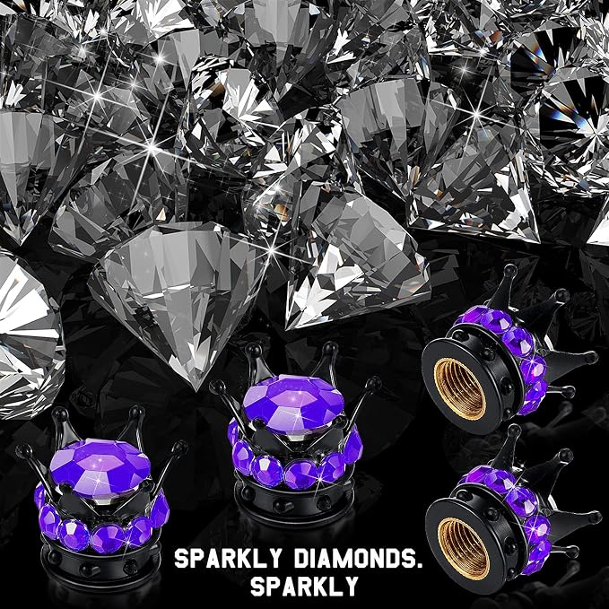4 Pieces Crown Tire Valve Stem Caps Bling Handmade Crystal Rhinestone Universal Chrome Crown Vehicle Car Tire Caps Covers, Attractive Accessories for Car (Purple and Black)