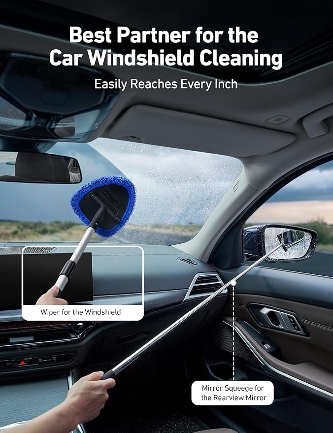Car Windshield Cleaner Tool, Window Cleaning Kit with 39in Car Mirror Squeegee, 4 Reusable Microfiber Pads and Extendable Handle, Blue