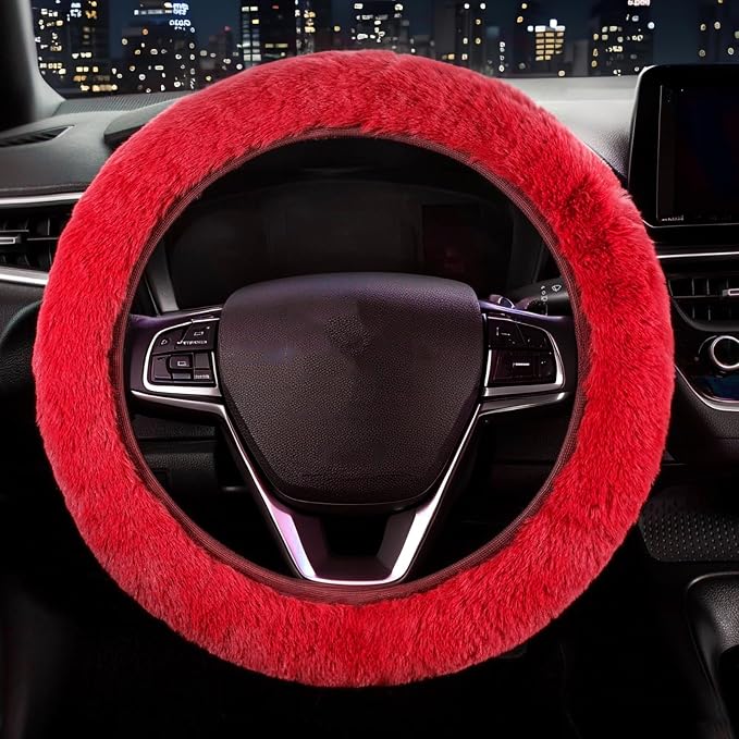 Furry Car Steering Wheel Cover, Fluffy Soft Warm Plush Non-Slip, 14 1/2-15 inch, for Women Girls, Red