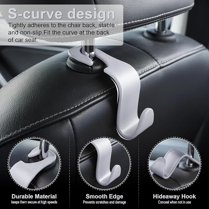 Car Seat Headrest Hook, Car Headrest Hidden Hook, 4 Pack Universal Auto Car Back Seat Hook Organizer for Purse Coat, Car Interior Accessories (Gray)