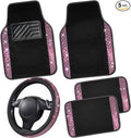 Bling Diamond Leather Steering Wheel Cover 14.5in-15in Floor Mats Shining Rhinestone Carpet Sparkly Glitter Crystal Anti-Slip Pad Fit Automotive SUV Pickup Truck Girl Women, 5pcs Black Pink