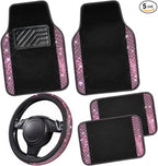 Bling Diamond Leather Steering Wheel Cover 14.5in-15in Floor Mats Shining Rhinestone Carpet Sparkly Glitter Crystal Anti-Slip Pad Fit Automotive SUV Pickup Truck Girl Women, 5pcs Black Pink