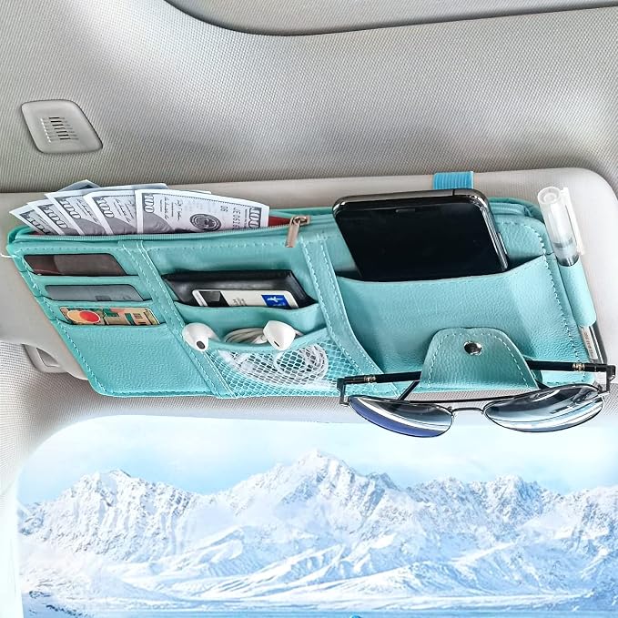 Blue Car Sun Visor Organizer, Auto Car Sun Visor Gift Card Holder Storage Organizer Travel Document Holder with Zipper Pocket for Sedan, Trucks, SUV