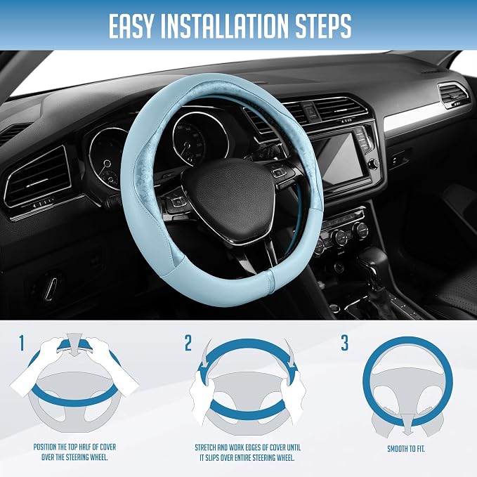 Steering Wheel Cover, Light Blue Patterned Leather Patchwork Design, Universal Fit 14.5"–15.5" D-Shape Steering Cover, Soft PU Grain Leather, Durable Grip Car Accessory for Girls & Women