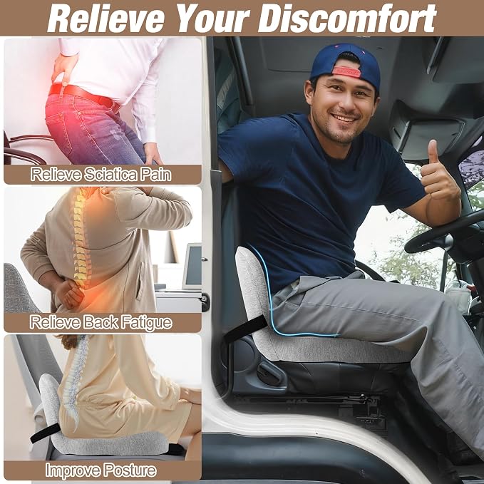 Truck Seat Cushion, Memory Foam Trucker Seat Cushion for Truck Driver Long Sitting with Adjustable Strap, Back Support and Pain Relief for Trucker Driving Office Chair and Pain, Light Gray