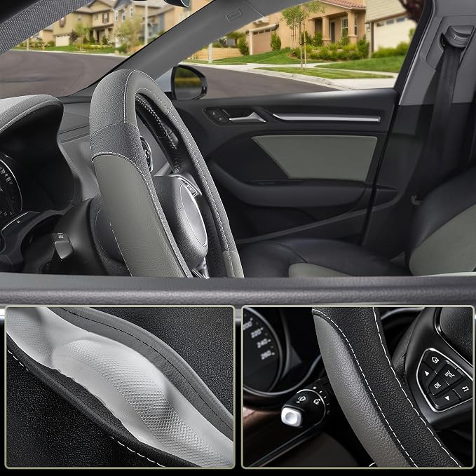 Car Steering Wheel Cover for Prius Civic Model 3 Model Y Camaro, Small Size 14-14.25 inch, Black and Gray Microfiber Leather