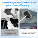 Car Windshield Cleaner Tool Kit with Extendable Handle, Vehicle Window Cleaner with 4 Microfiber Pads and 1 Empty Spray Bottle, Auto Windscreen Cleaning Tool, Universal Fit (Rectangular)