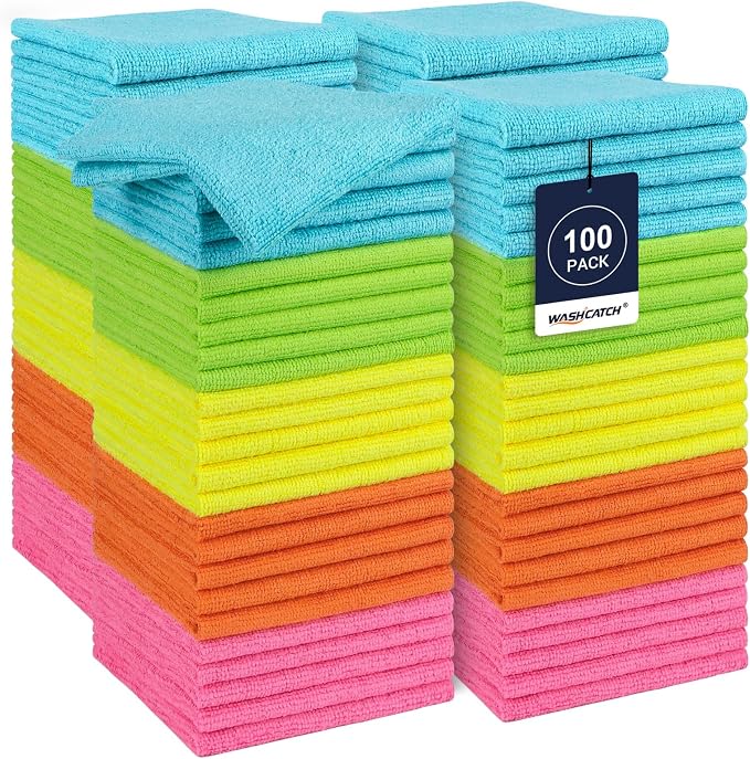 Shop Towels, 100 Pack - 11.5"x 11.5" Commercial Grade Work Rags for Cars, Microfiber Cleaning Cloths Bulk Detailing Cloth for Automotive Mechanic Garage Housekeeping Restaurant - Multicolor