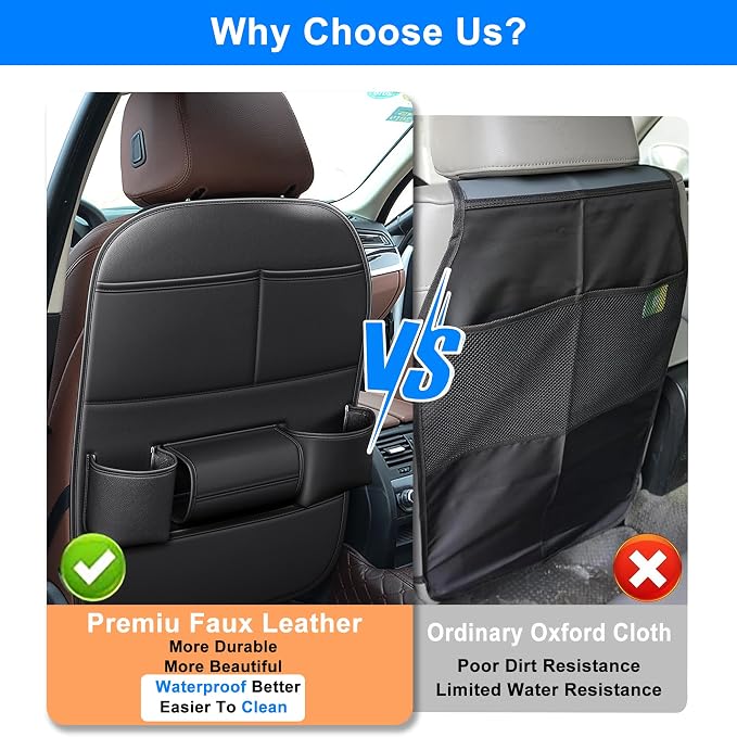 Back Seat Protector 2 Pack Fit for Ford Explorer Car Kick Mats with Cup & Tissue Storage Organizer Pockets Waterproof Dirt Proof Faux Leather Auto Accessories for Kids(1 Pair Black)