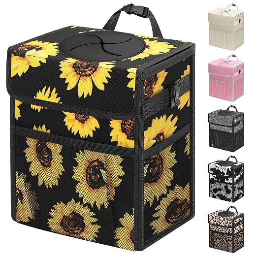 Car Trash Can with Lid, Leakproof Car Trash Bag Hanging Waterproof Automotive Garbage Can with Storage Pockets Mini Vehicle Trash Bin for Back/Front Seat(Sunflower,2.5 Gallon)