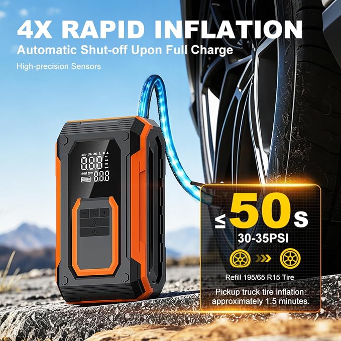 Tire Inflator Portable Air Compressor Cordless Air pump for Car Tires, 4 × Fast Inflation 35L/Min, Digital Dual Display, LED Light,Auto Shutoff for Car, Motorcycle, Bike, Pickup Truck and Ball