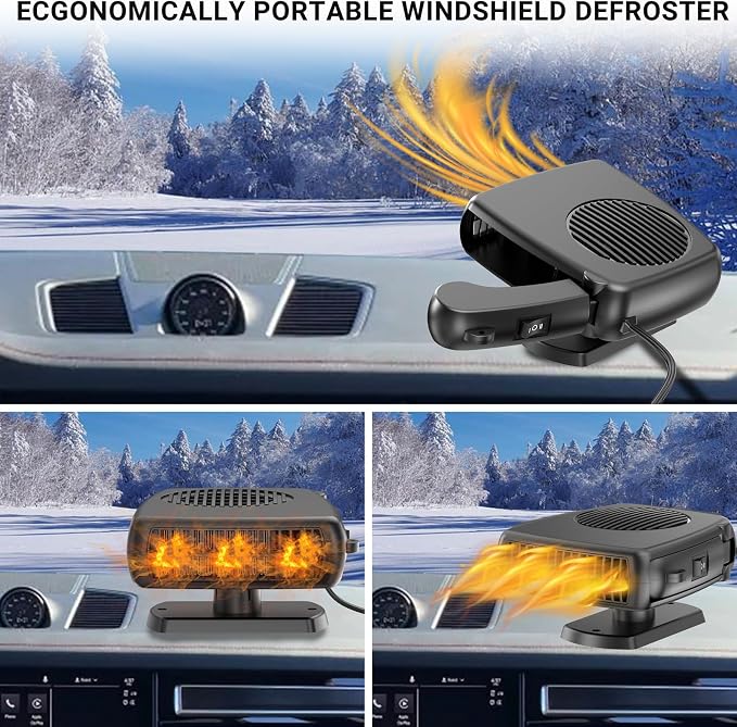 12V Car Heater, 200W Portable Windshield Defroster with Heating/Cooling Fan and Plug in Cigarette Lighter Fast Heating Defrost Defogger with Ergonomic Handheld Design for All Kinds of Cars (Black)