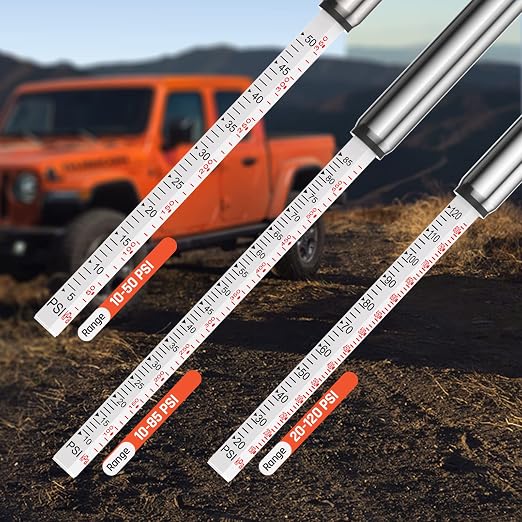 Pencil Tire Pressure Gauge 3 Pack (10-50PSI, 10-85PSI, 20-120PSI) with 24 Tire Caps, Calibrated to ANSI B40.1 Grade B(2%), Stainless Steel Body, for Cars, Pickups, RVs, Bicycles