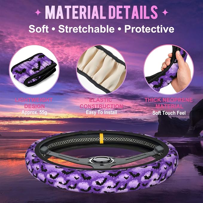 Gothic Purple Black Bats Steering Wheel Cover for Women Men Neoprene Breathable Wheel Cover Protector Anti-Slip Car Accessories Universal 15 Inch Fit for Cars Trucks Vehicles