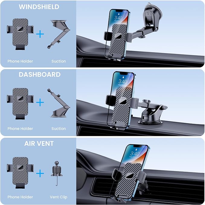 GUWEZ Phone Holder Car Mount for iPhone [Powerful Suction] Phone Mount for Car Dashboard Windshield Air Vent Universal Accessories Automobile Phone Holder Fit iPhone Smartphone Carbon Fiber