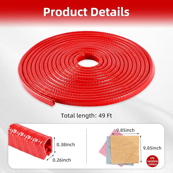 49Ft (15M) Car Door Edge Guard, No Glue Car Door Entry Guard Protective Strip, Rubber Edge Trim Car Door Protector, Applicable to Car, Truck, SUV and ATV, Car Exterior Accessories（Red）