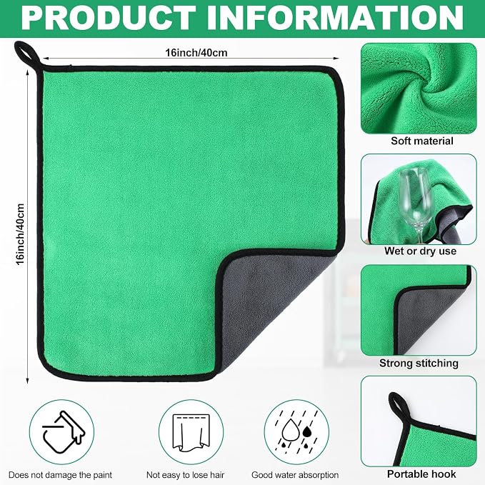 12 Pcs Microfiber Towels for Cars, 800 GSM Plush Drying Cleaning Cloth Bulk, 16 x 16 Inch Thick Absorbent Wash Detailing Towels for Car Polishing, House, Kitchen Cleaning(Green)