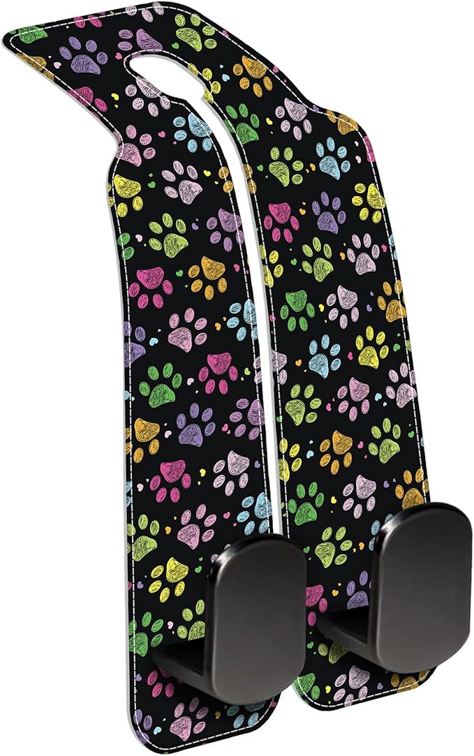 Car Headrest Purse Hanger Colorful Paw Prints 1 Pack Bag Purse Holder for Car Premium Leather Double Metal Hook for Handbags, Grocery Bags and Phones