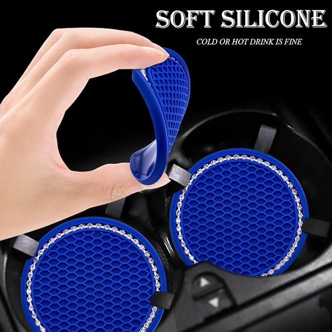 2PCS Bling Cup Holder Coaster, 2.75 Inch Auto Car Cup Holder Insert Coasters, Soft Silicone Anti-Slip Shockproof, Universal Vehicle Interior Accessories for Women Girls (Deep Blue & White)